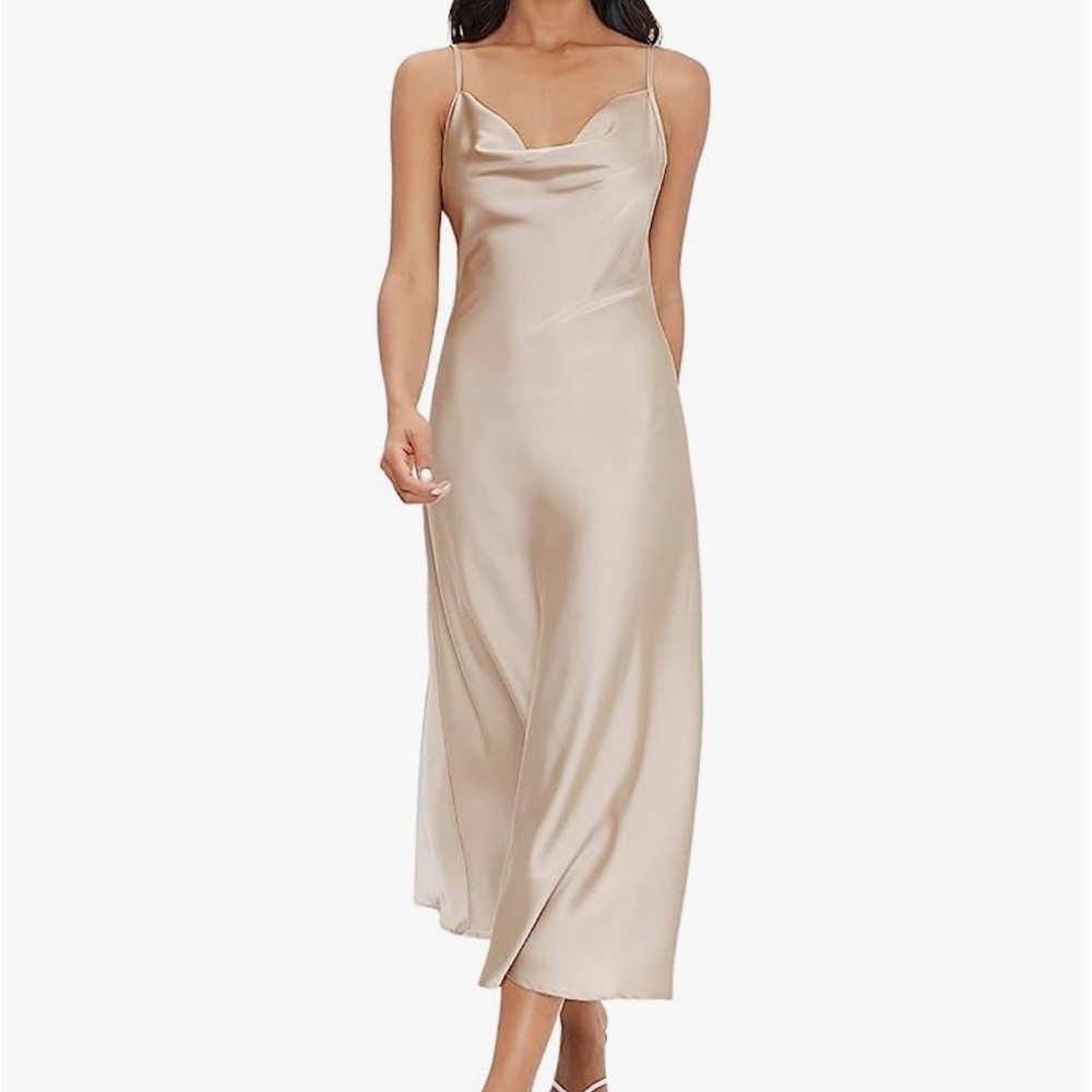 Women's Spaghetti Strap Cowl Neck Long Slip Satin Silk Midi Dress in Champagne